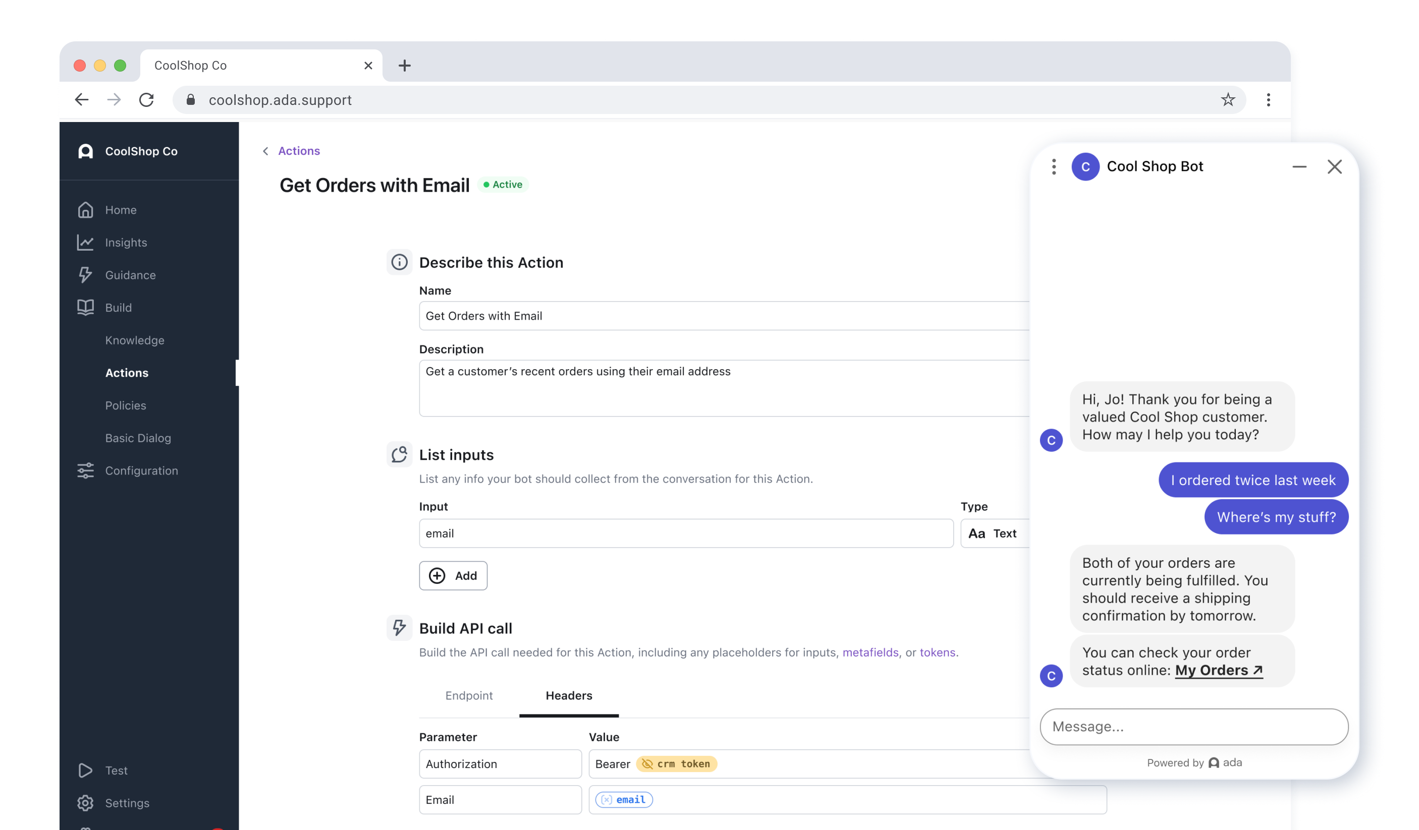 The Ada Actions builder — describing a "Get Orders with Email" Action and building its authenticated API call — shown beside the AI Agent chat widget resolving a customer's order-status question