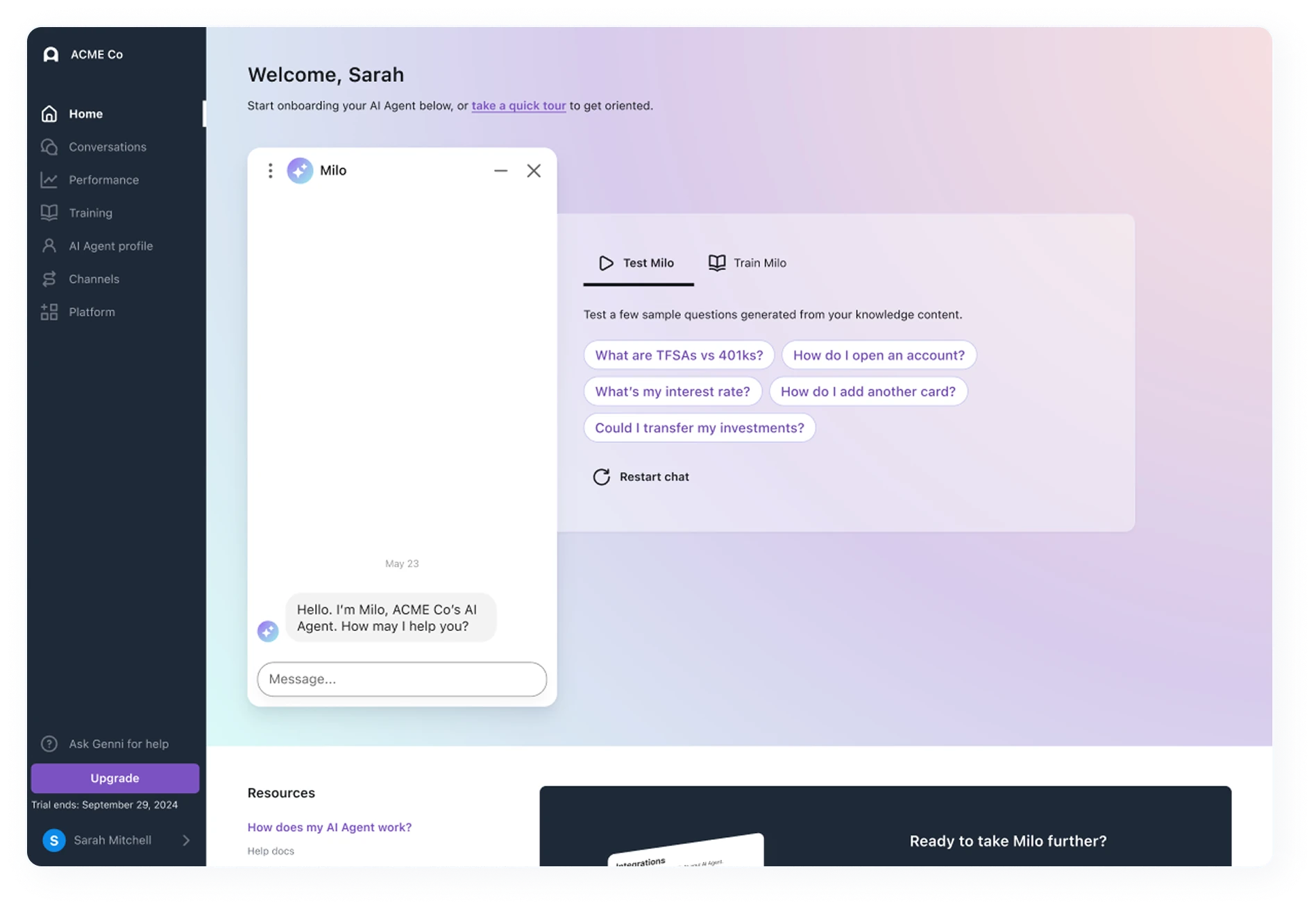 Home dashboard welcoming the user by name, with a chat widget to test their AI Agent and sample questions to train it