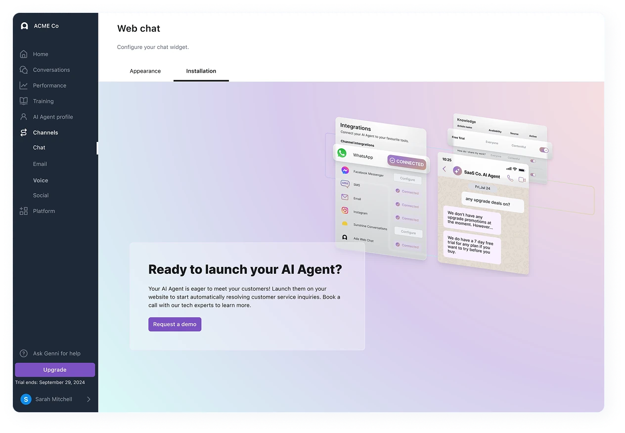 Web chat channel settings with a Ready to launch your AI Agent upsell card prompting a demo