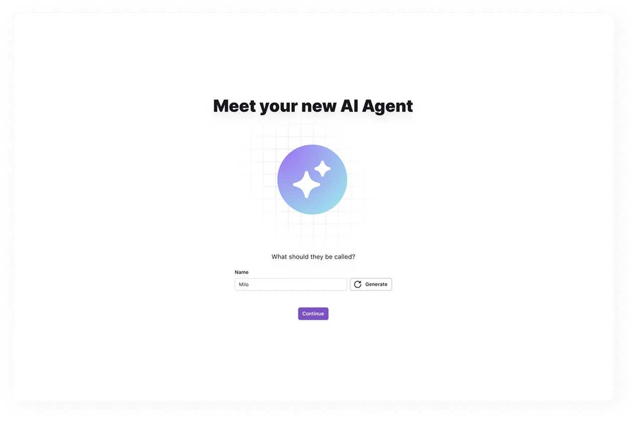 Onboarding screen prompting the user to name their new AI Agent