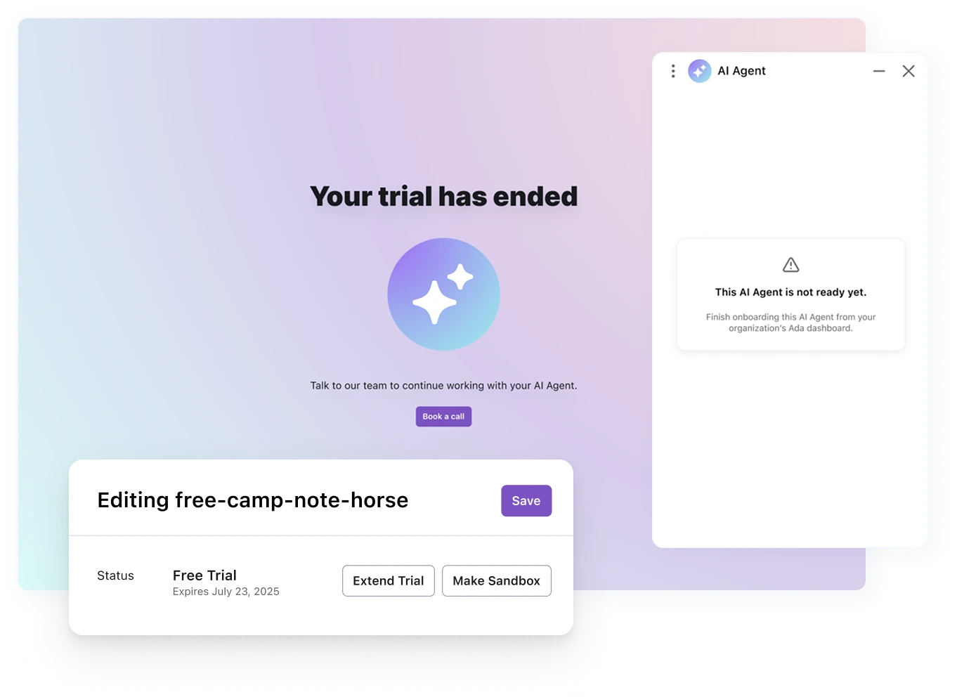 A “Your trial has ended” dashboard screen next to a not-ready AI Agent chat widget, shown behind the internal backoffice panel for editing the trial's status