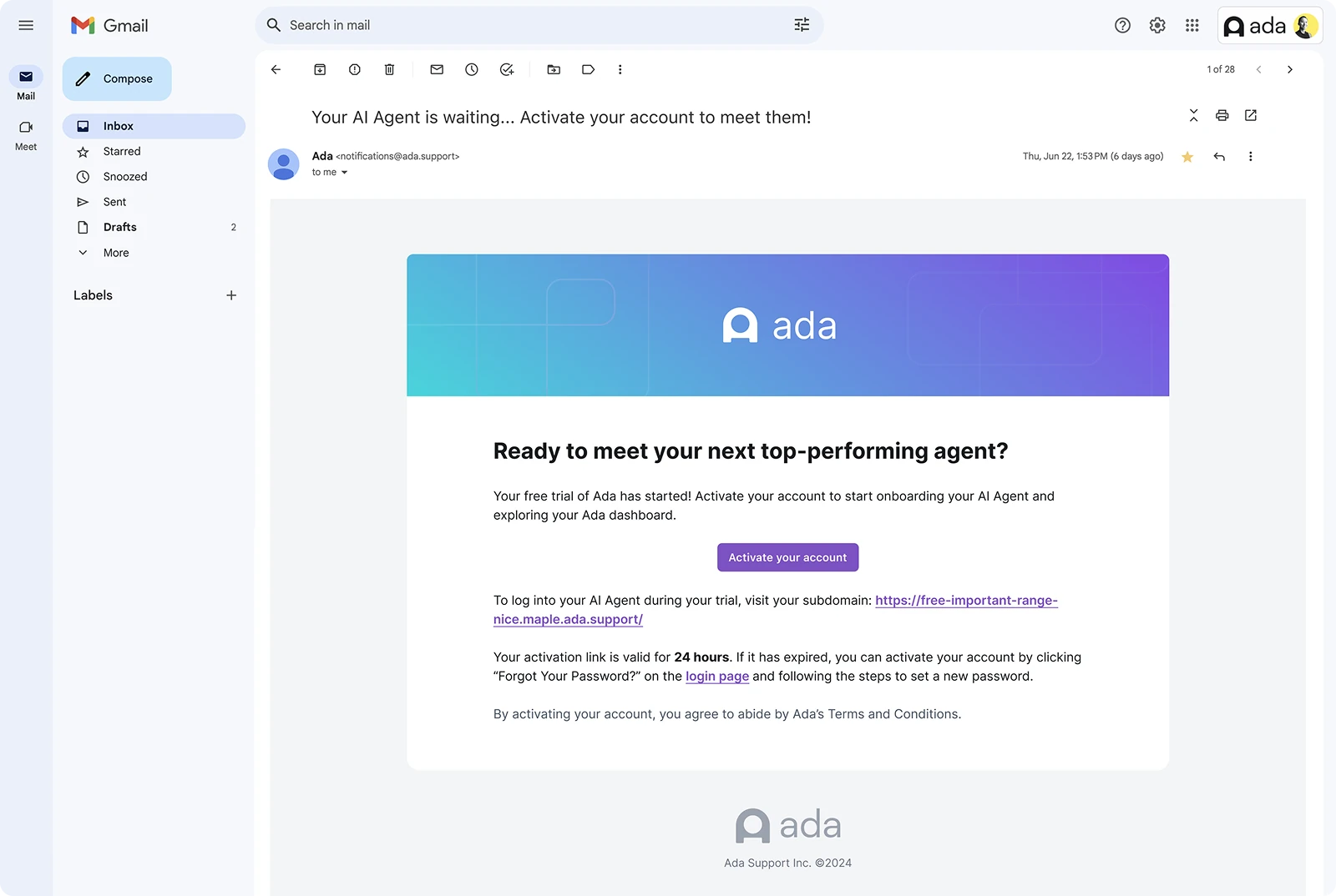 A branded Ada email inviting a new trial user to activate their account and meet their AI Agent