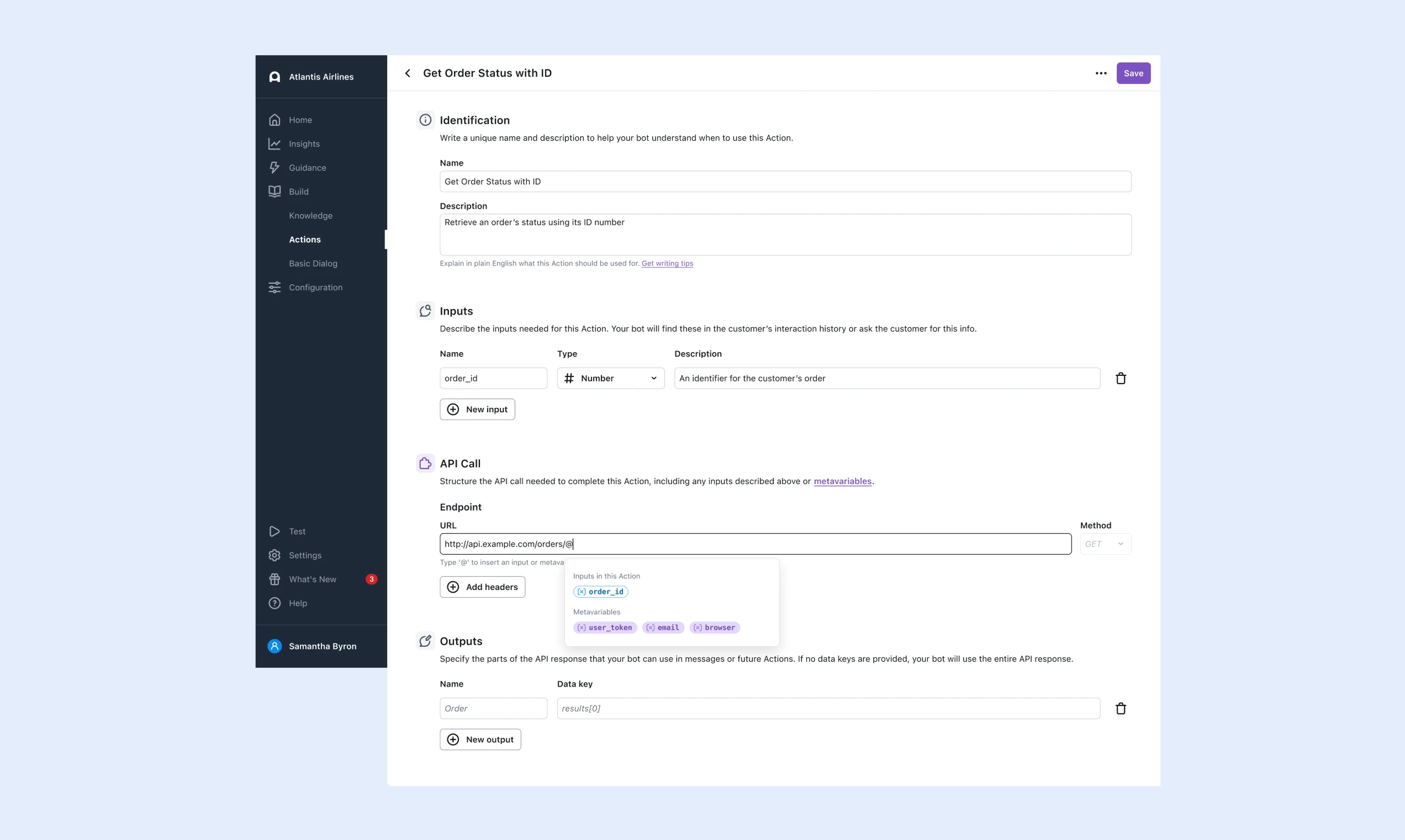 The Ada Actions builder configuring a Get Order Status with ID Action — identification, inputs, and an API call with an inline input/metavariable picker