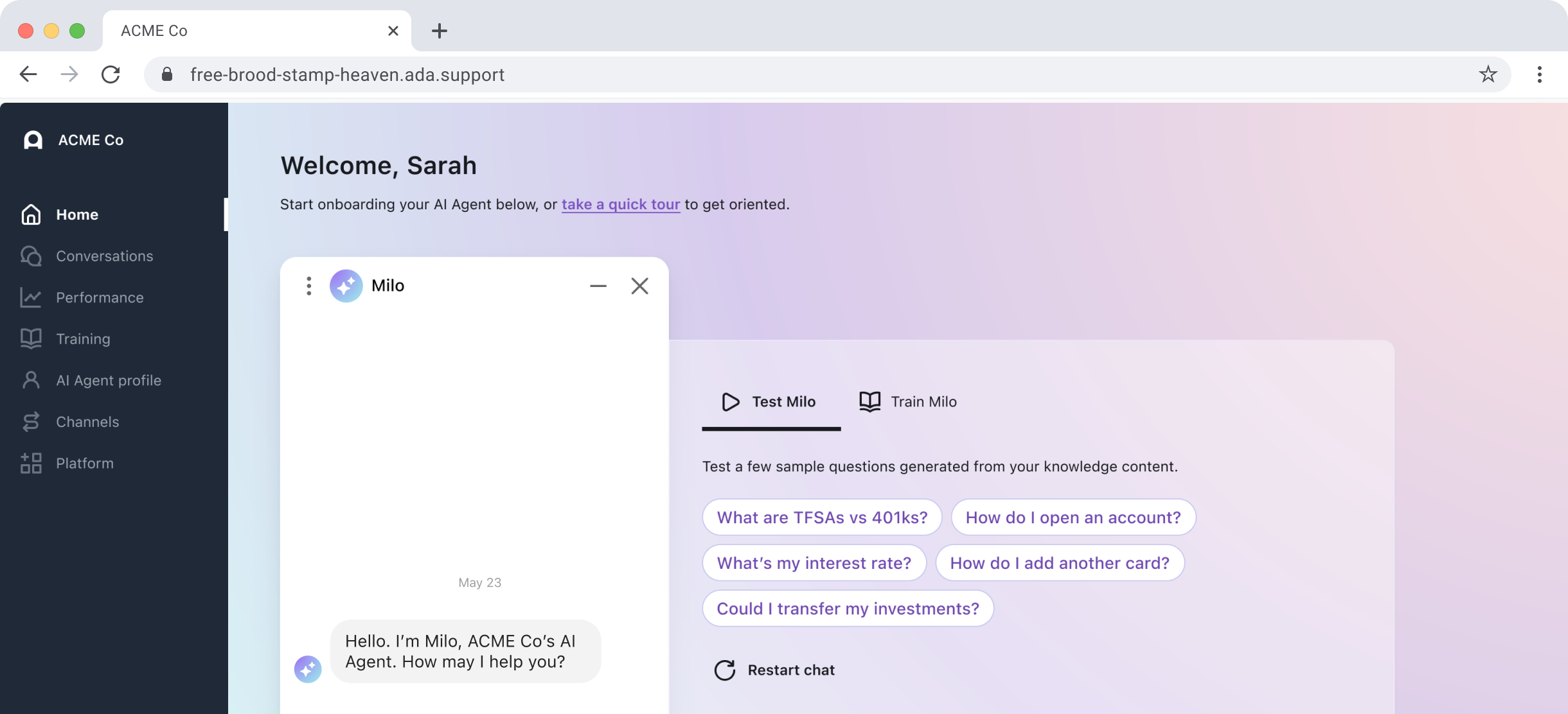 The ACME Co home dashboard mid free trial — a welcome header and onboarding prompt above the AI Agent chat widget and its Test/Train panel of sample questions
