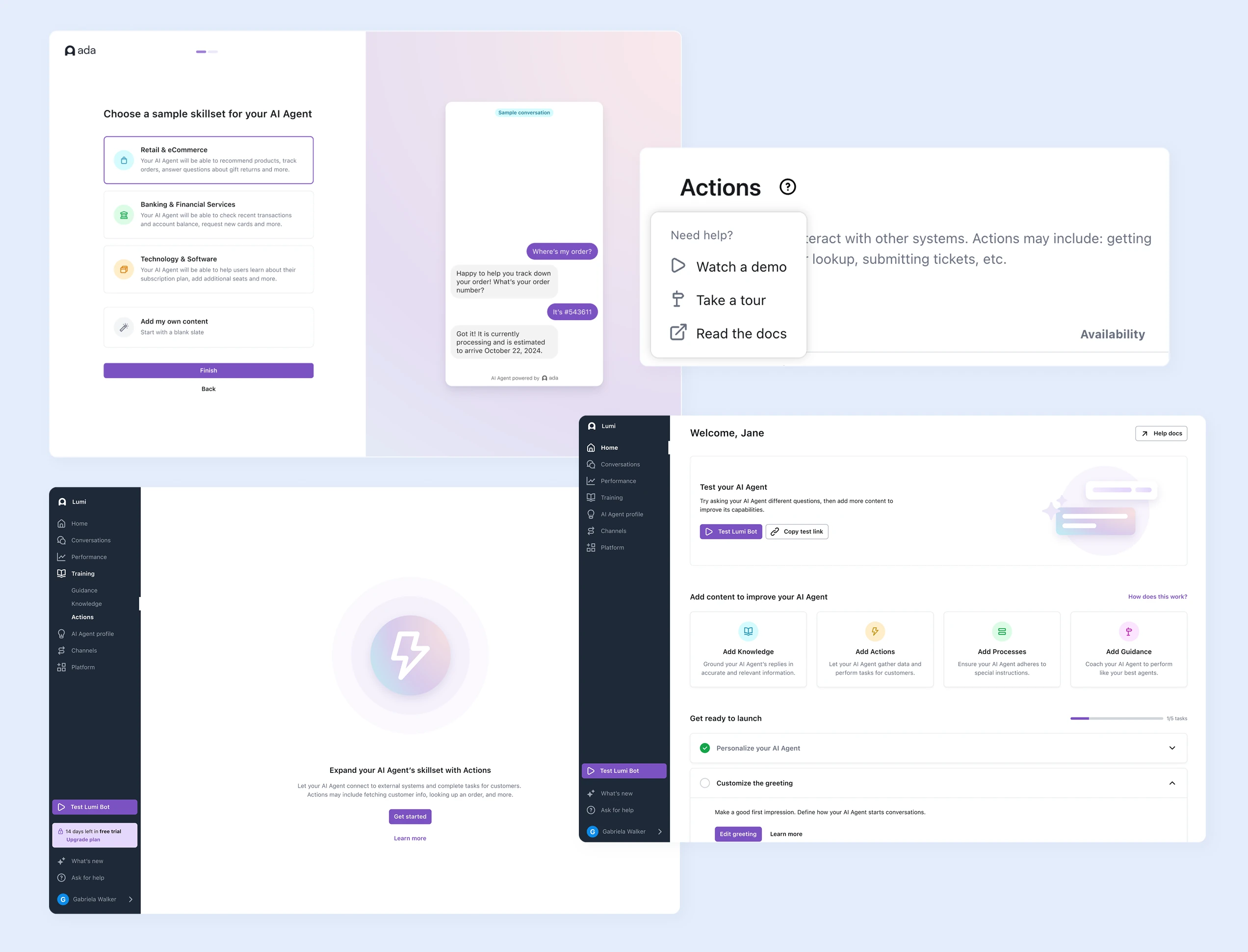 Composite of the redesigned trial screens — a sample-skillset picker and sample conversation onboarding alongside the home dashboard with content prompts to improve the AI Agent