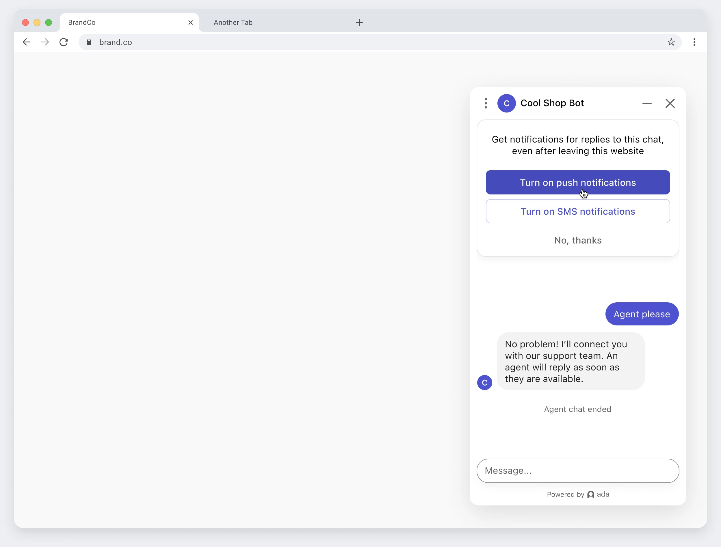 A desktop browser with the Cool Shop Bot chat widget offering to turn on push or SMS notifications for replies, even after leaving the website