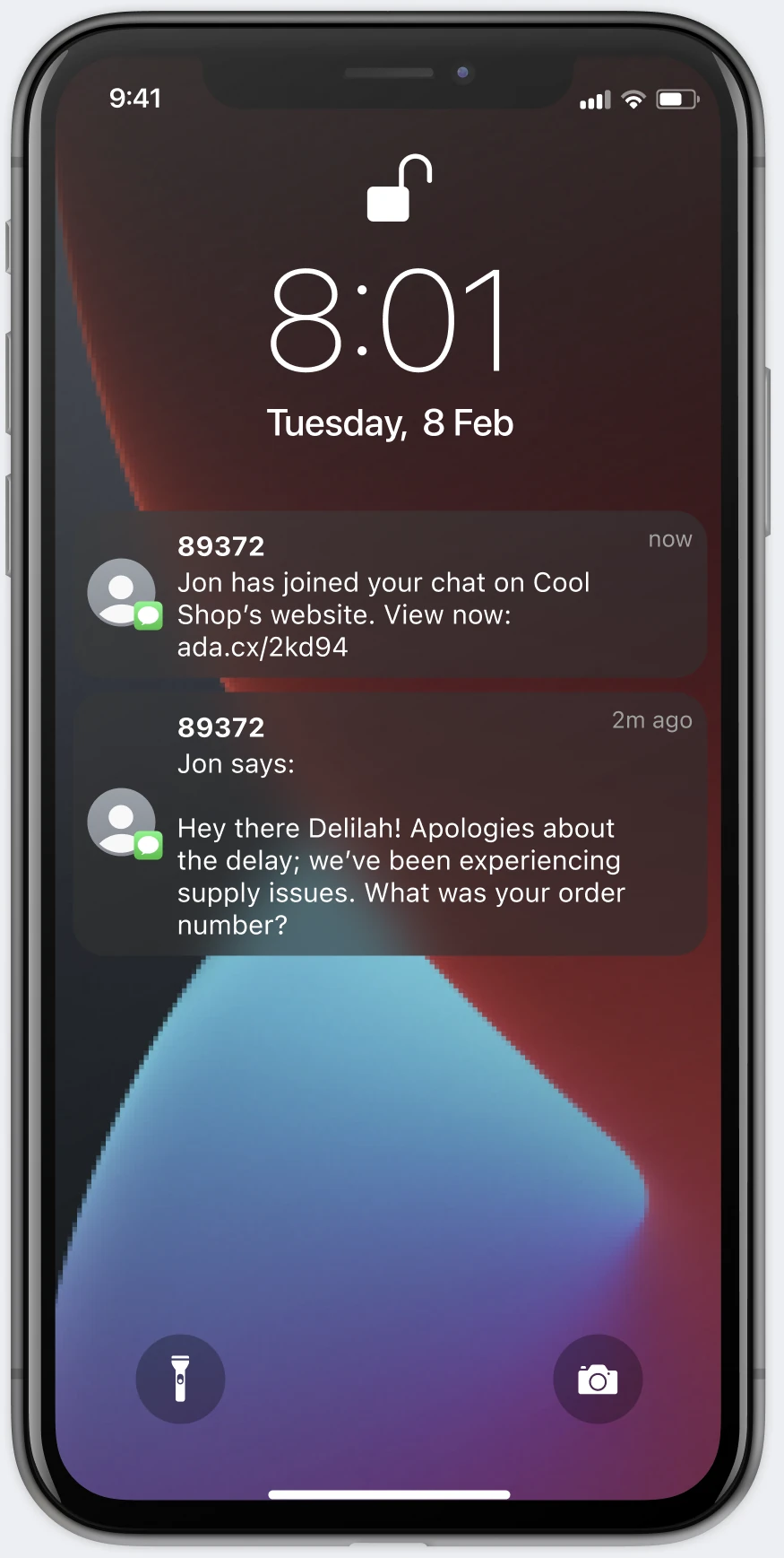 An iPhone lock screen receiving push notifications that an agent has joined the chat and replied