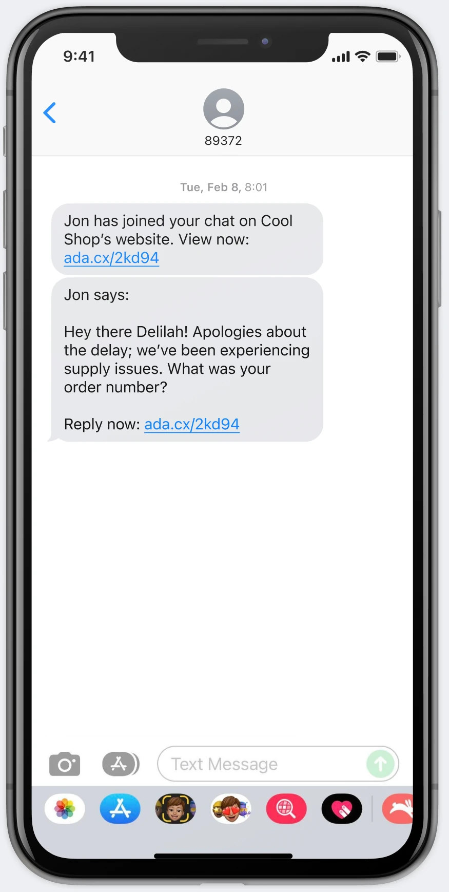 An iPhone iMessage thread delivering the agent's replies over SMS with a link back to the chat